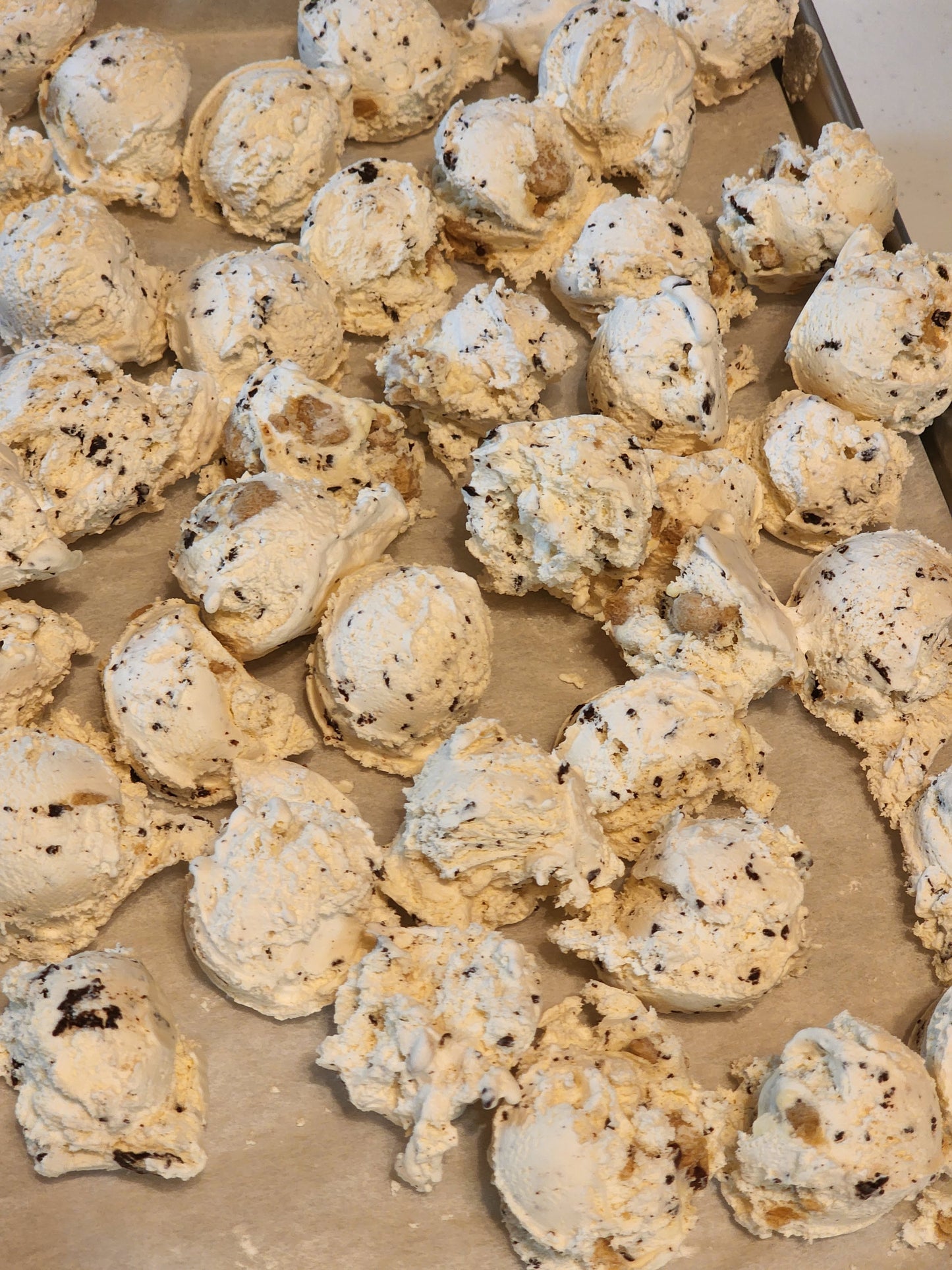 Freeze Dried Cookie Dough Ice Cream on tray